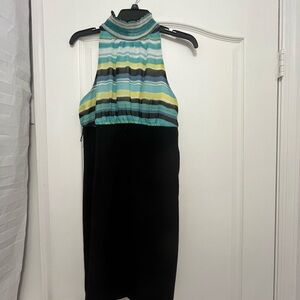 Striped Halter Neck Dress - Black and Blue